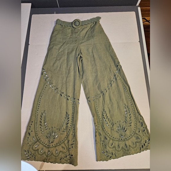 Hemant & Nandita Green Flared Pants W Embroired  Belt Wide Leg W Eyelets Small - Picture 3 of 12